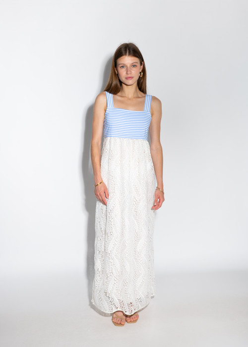 Сукня максі з білим мереживом та горизонтальною смужкою італійського бренду Imperial