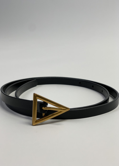 Чорний шкіряний пояс з золотою пряжкою трикутник італійського бренду Dixie