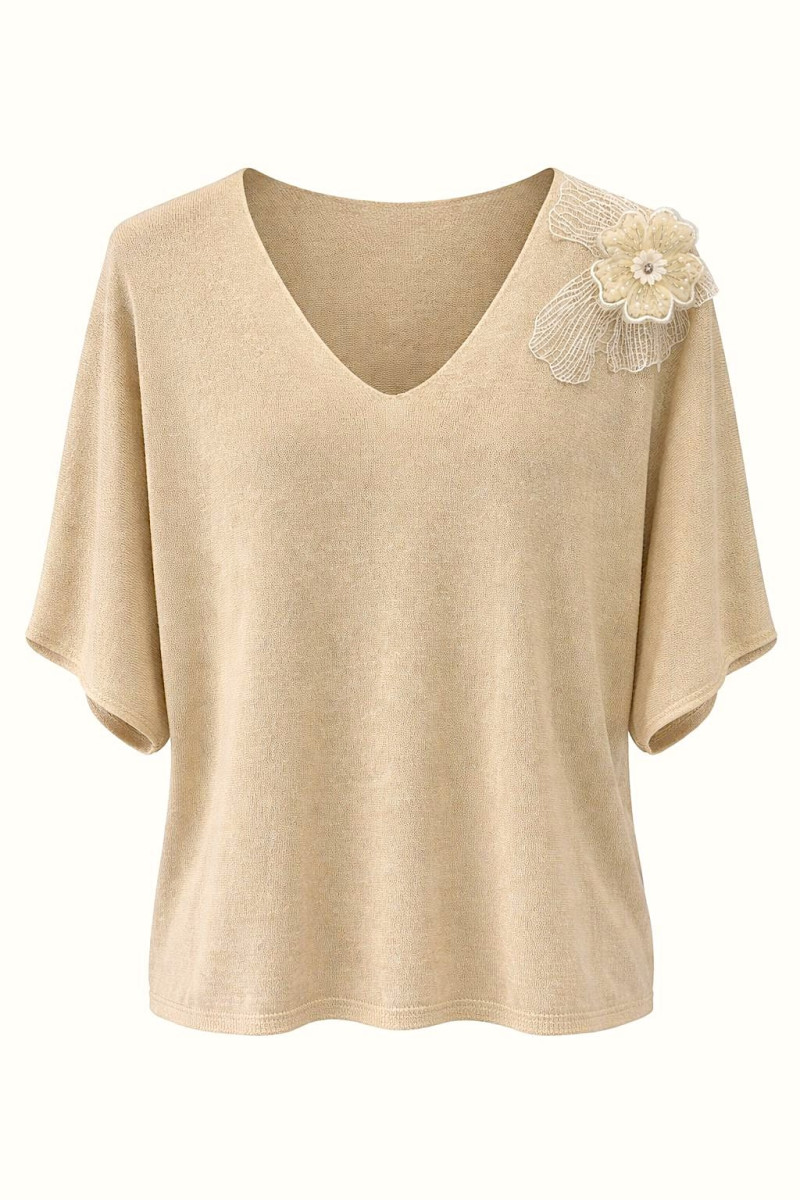 Джемпер из хлопка и вискозы с декоративным цветком бисквитного цвета Dixie