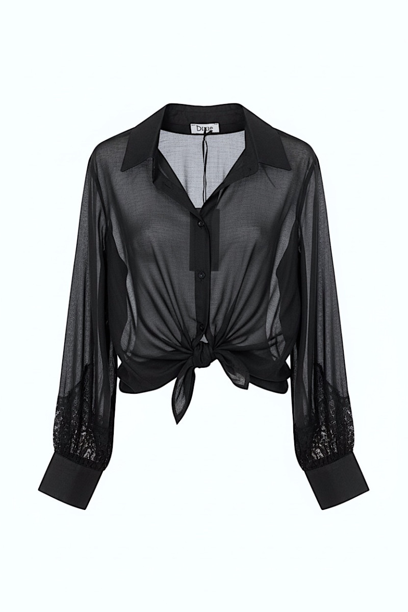 Полупрозрачная чёрная рубашка с декоративным узлом Dixie