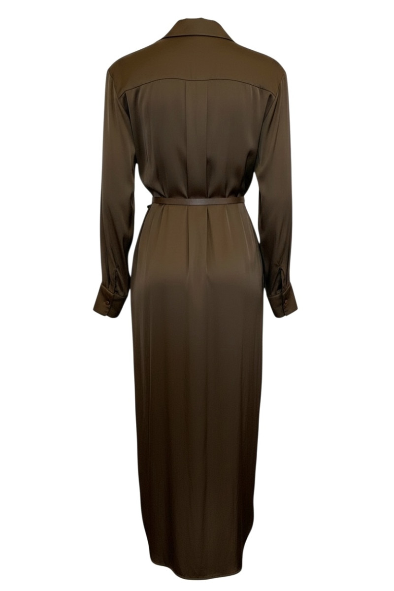 Коричневое платье из вискозы с поясом с длинными рукавами No-Na