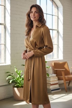 Платье из вискозы на запах с поясом карамельного цвета  Joleen