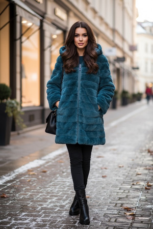 Тёплая двухстороння шубка-куртка изумрудного цвета с капюшоном