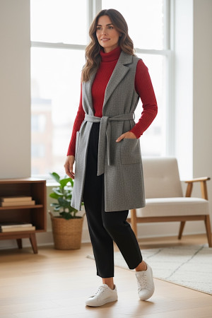 Элегантная серая жилетка с поясом длины миди Rinascimento