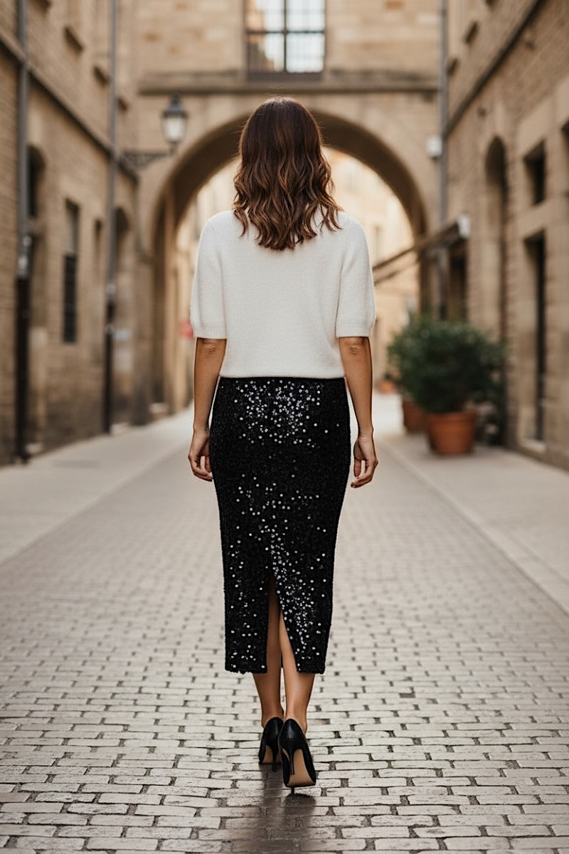 Чёрная юбка миди с пайетками и разрезом Motel