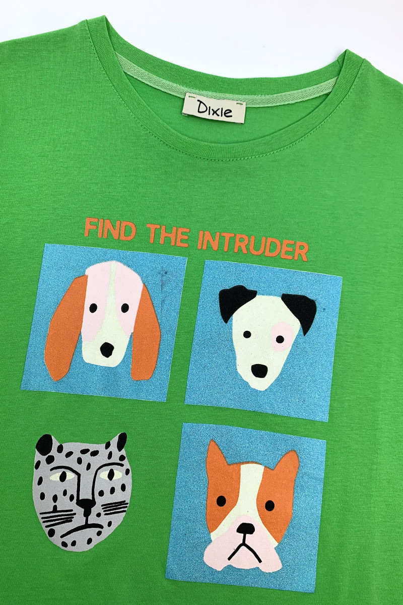 Хлопковая футболка в ярко‑зелёном оттенке с принтом “Find the intruder” Dixie