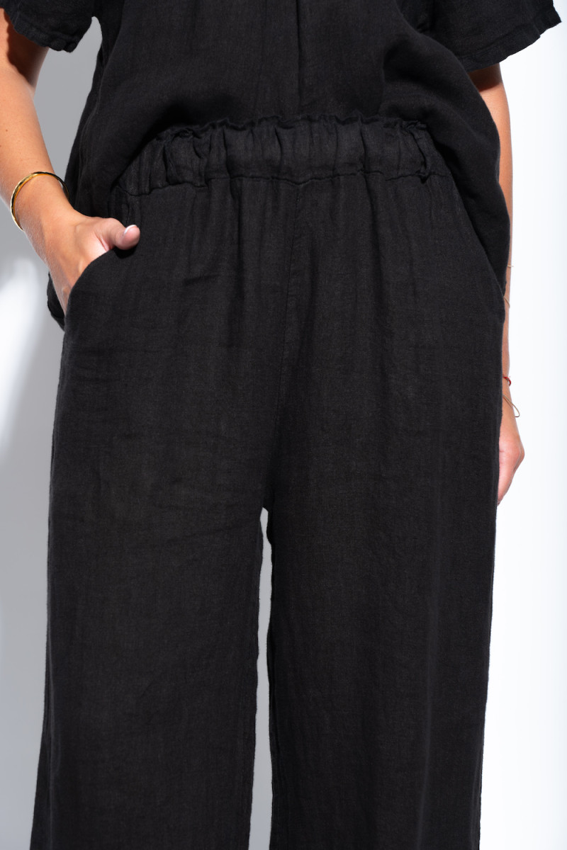 Чёрный льняной костюм брюки палаццо с карманами, костюм итальянского бренда Motel
