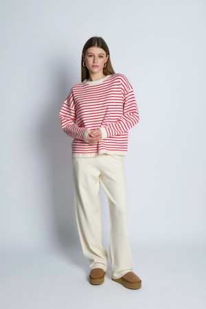 Вискозный молочно-розовый  трикотажный костюм брюки палаццо с джемпером в горизонтальную полоску итальянского бренда No-Na