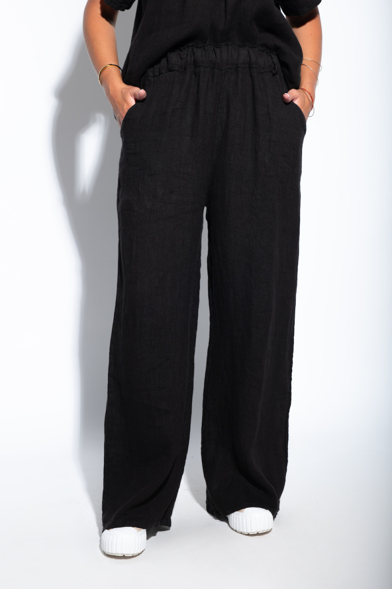 Чёрный льняной костюм брюки палаццо с карманами, костюм итальянского бренда Motel