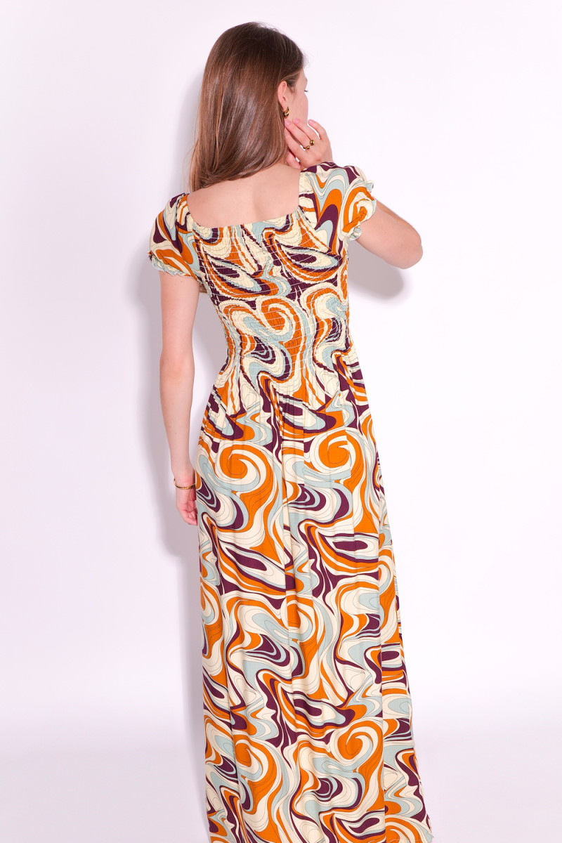 Длинное летнее платье с апстрактным принтом пастельных цветах