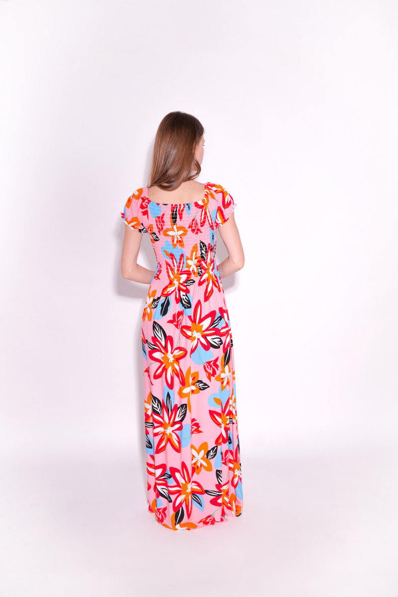 Длинное легкое розовое хлопковое платье  яркими цветами итальянского бренда No-Na