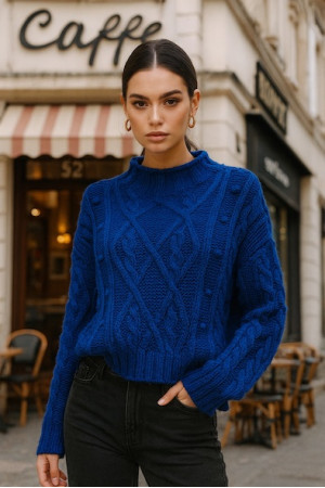Синий вязаный свитер с объемным плетением итальянского бренда  Dixie