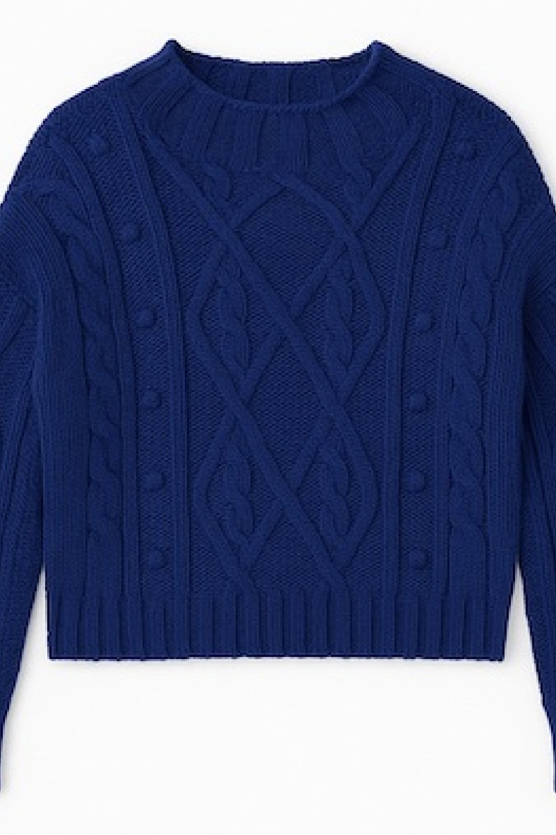 Синий вязаный свитер с объемным плетением итальянского бренда  Dixie