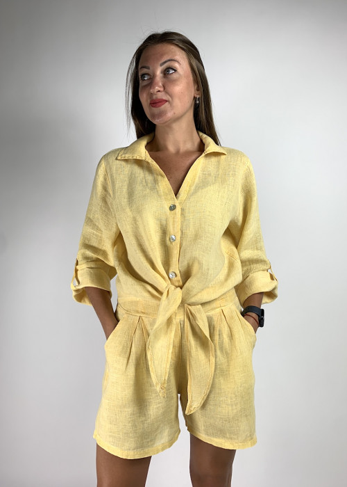 Легкій летній желтый льняной костюм: шорты с рубашкой итальянского бренда Motel