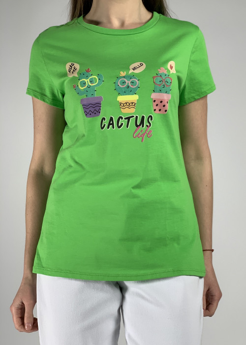 Хлопковая  футболка травяного цвета с кактусами Dixie