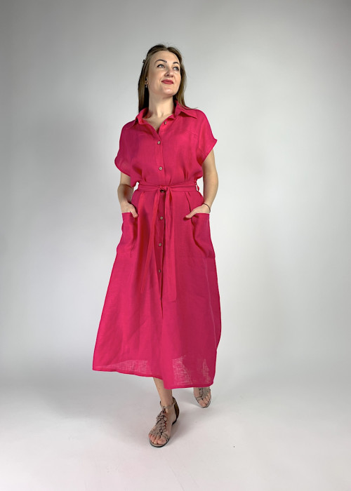 Яркое льняное летнее платье с карманами и поясом итальянского бренда Dixie