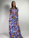 Легка довга бавовняна сукня васількового кольору з яскравими квітами 