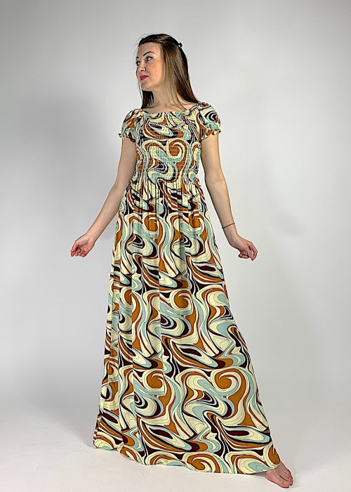 Длинное летнее платье с апстрактным принтом пастельных цветах
