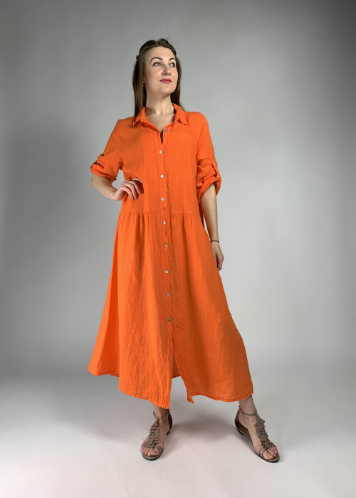 Оранжевое льняное платье длина миди 