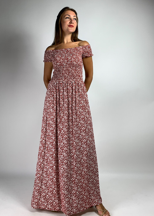 Довга бавовняна сукня з ніжним червоно-білим квітковим принтом італійського бренду No-Na