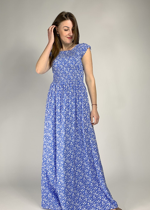 Летнее длинное хлопковое платье голубого цвета в мелкий цветочек No-Na