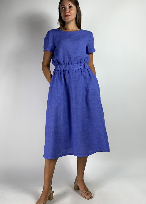 Синее льняное платье с карманами на талии резинка итальянского бренда No-Na