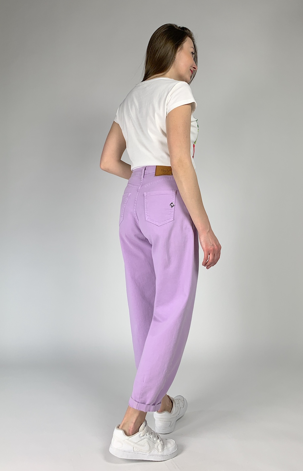 Бавовняні брюки з поясом лавандового кольору Maryley