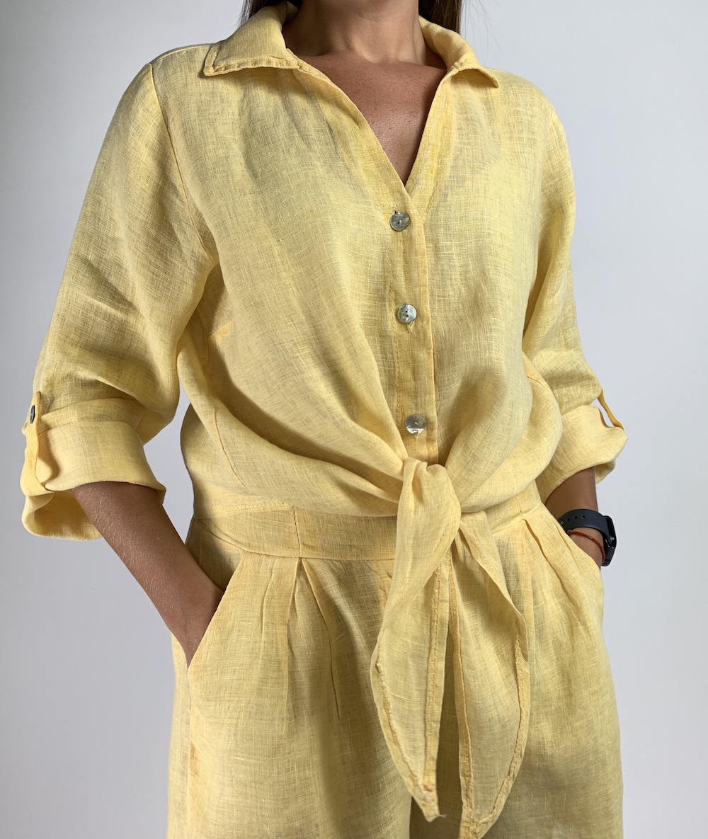 Легкий літний лляний жовтий костюм: шорти з сорочкою італійського бренду Motel