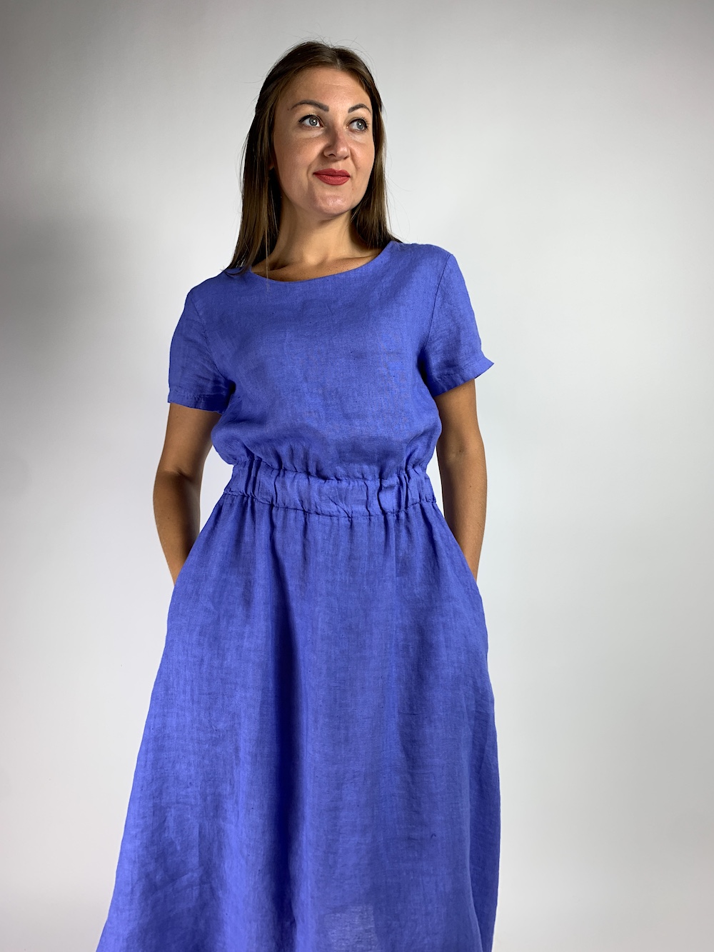 Синя лляна сукня на талії резинка з кишенями італійського бренду  No-Na