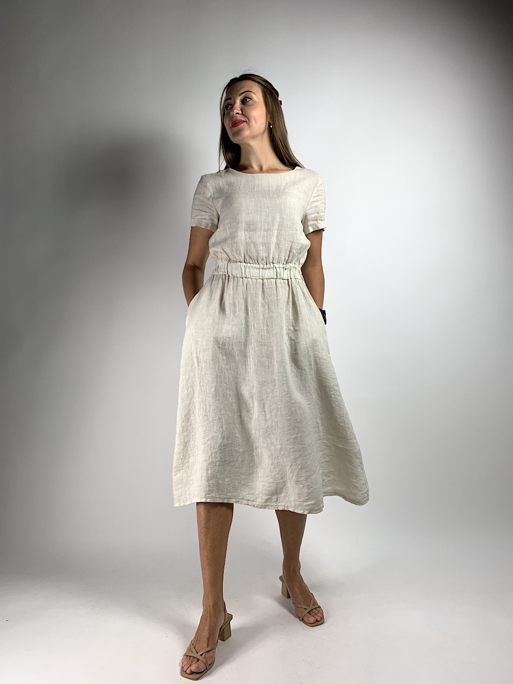 Лляна бежева сукня на талії резинка італійського бренду No-Na