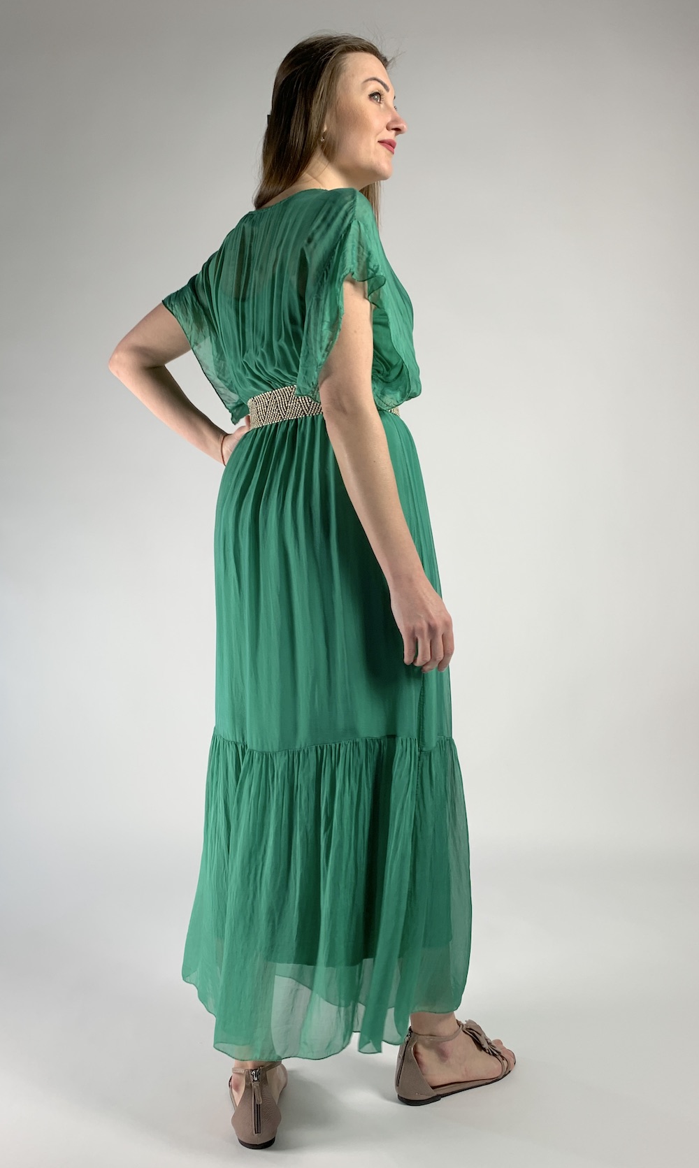 Шовкова сукня на запах зеленого кольору довжини міді  Joleen